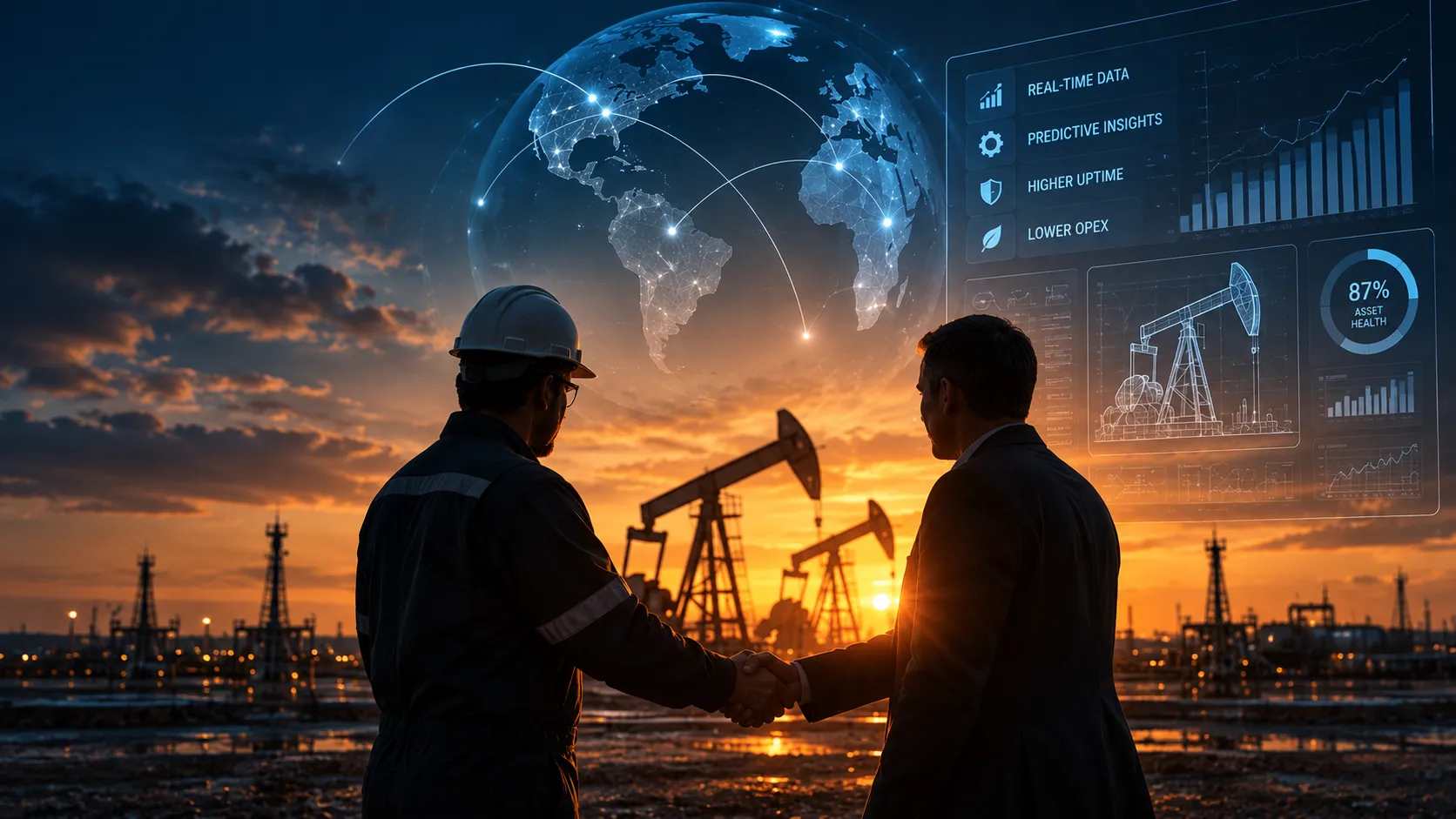 A field engineer in a hard hat and a business executive shaking hands at an oilfield at dusk, with pump jacks behind them and a StrattoGuard dashboard overlay showing real-time data, predictive insights, higher uptime, and lower OPEX